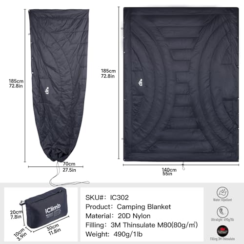 iClimb 3M Thinsulate Insulation Warm Camping Blanket Ultralight Compact - color: Black, size: 72.8” × 55”, 1 lb