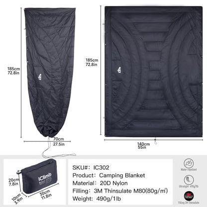 iClimb 3M Thinsulate Insulation Warm Camping Blanket Ultralight Compact - color: Green, size: 72.8” × 55”, 1 lb