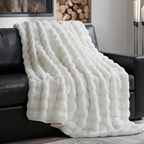 EverGrace Ultra Soft Luxury Fluffy Faux Rabbit Fur Throw Blanket, Thick Warm Bubble Throw for Bed, Cozy Plush Reversible Blankets for Couch, Chair, Sofa, Bright White, 60x80 Inches - color: Bright White, size: 60"x80"