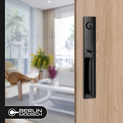 Berlin Modisch Full Escutcheon HandleSet Front Door Entry Handle and Deadbolt Lock Set Slim Square Single Cylinder Deadbolt and Lever Heavy Duty – Iron Black Finish - color: Iron Black, size: Full Escutcheon HandleSet