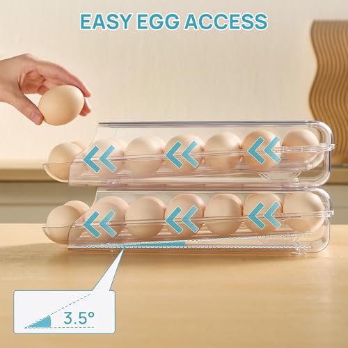 Vtopmart Clear Plastic Egg Holder for Fridge, Automatic Rolling Egg Container for Refrigerator, Stackable 14-Count Eggs Organizer with Removable Inner Tray, Fridge Organizers and Storage, 2Pack