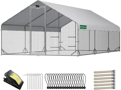 Large Walk-in Chicken Coop with Solar Light, Outdoor Metal Poultry Cage with Run & Hardware Cloth, Waterproof & UV-Resistant Hen House for Farm & Backyard - size: 234"L x 118"W x 78.2"H