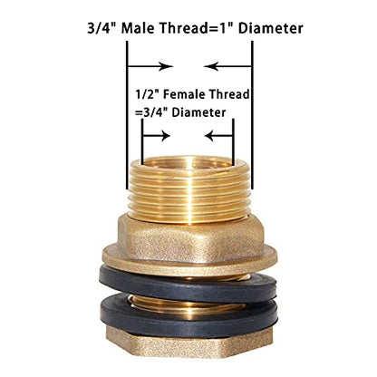Joywayus 1/2" NPT Female 3/4" GHT Male Soild Brass Water Tank Connector Theaded Bulkhead Fitting with 2 Rubber Ring Stablizing - size: 1/2" NPT Female - 3/4" GHT Male
