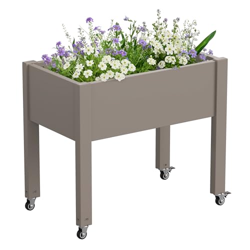 Elevated Raised Garden Bed with Wheels,Planter Box,Gray-26.3" h | Resin Planter Box with Drainage Holes, Water Monitor, Wheels for Garden Patio Backyard - color: Gray, size: 26.3"h
