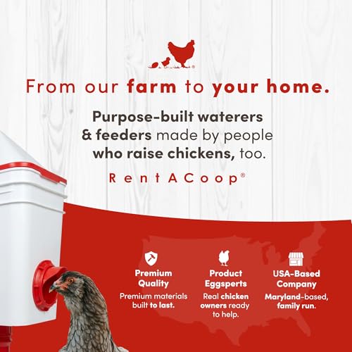 RentACoop 25lb BPA-Free Chicken Feeder with 4 Large Ports - Includes Lid, Anti-Roost Cone, Rain Hoods, and Custom Adjustable Stand - Large Capacity No-Waste Poultry Feeder - Center Placement