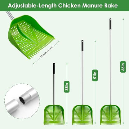 Thiswing Chicken Poop Scooper & Rake 2-in-1, Adjustable Handle Length from 38" to 66", Features Manure Sifting Capability – Ideal for Chicken Coops and Farm Animal Cleaning (Green)