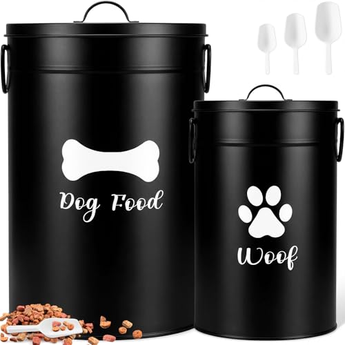 DoubleFill Extra Large 30+14 lb Metal Dog Food Storage Containers Set of 2 Black Airtight Dog Treat Snack Jars with Lids and Spoon Farm House Style Big Pet Cookie Storage Bin for Kitchen Counter Gift - color: Black, size: Extra Large 30+14 lb