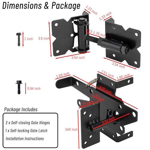 Heavy Duty Self Closing Gate Hinge and Self Locking Latch Hardware Kit for Wooden/Vinyl Fence, Stainless Steel 90 Degree Adjustable Hinges&Post Mount Automatic Gate Lock, Black Finish,1Pack