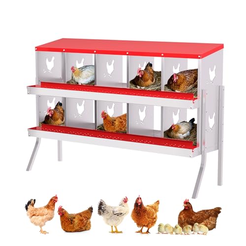 GarveeTech Nesting Boxes for Chickens, 6/8/10-Hole Galvanized Steel Chicken Nesting Boxes for Laying Eggs with Egg Rollaway System to Protect Eggs, Easy Egg Collection, for Chicken Coop Backyard Farm - color: red, size: 10 Compartments with legs