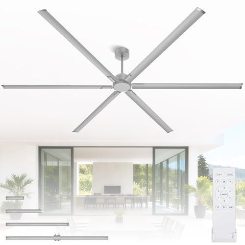 120 Inch HVLS Industrial Ceiling Fan, Extra Large Commercial Ceiling Fan with Aluminum Blades, Reversible DC Motor, Remote Control, 3 Downrods, Big Assed Heavy Duty for Shop Warehouse Gym Garage - color: Silver, size: 120 Inch