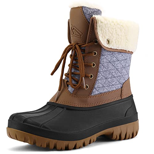 mysoft Women's Waterproof Snow Boots Insulated Warm, Lace-Up Winter Mid Calf Duck Boots for Outdoor - color: Brown/Grey, size: 6