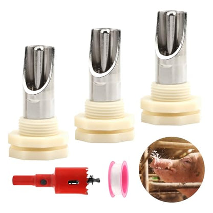 3 PCS Pig Nipple Waterer for Barrel Kit Automatic Waterer System, Stainless Steel Pig Drinker Feeder with Water Tank Connector Kit, Fitting for Piglets Goat(Silver)