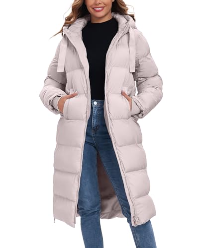 HOTIAN Womens Winter Maxi Long Puffer Coat Thicken Hooded Down Quilted Padded Jacket Winter Warm Outerwear - color: Camel, size: Medium