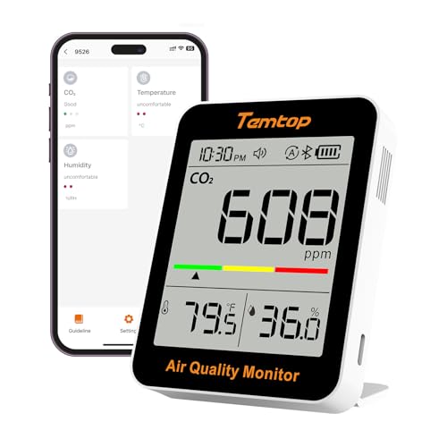 Temtop Smart Indoor Thermometer C1+ with Bluetooth & APP – Digital Room Temperature Monitor, Humidity Gauge, and Portable CO2 Meter for Home, Office, Baby Nursery, or School - size: C1Plus-Temp/Humidity/CO2/AQI