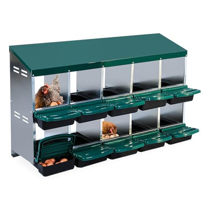 Chicken Nesting Box 10 Compartments - Metal Roll Away Nesting Boxes for Chicken Coop, Egg Collection System, Laying Boxes for Hens with Lid Cover to Protect Eggs, Easy Egg Collection & Clean