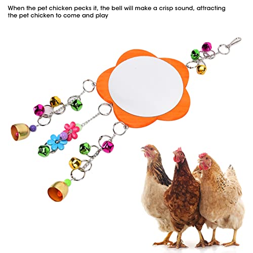 Pet Chicken Mirror Toy, Hanging Rooster Toy with Bells and Chain, 5.3 Inch Wood Plastic Metal Poultry Enrichment Mirror, 18.9 Inch Total Length