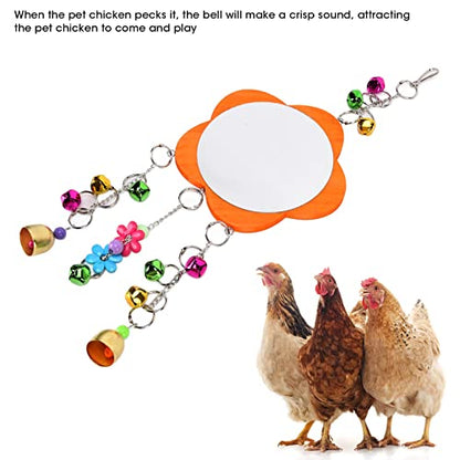 Pet Chicken Mirror Toy, Hanging Rooster Toy with Bells and Chain, 5.3 Inch Wood Plastic Metal Poultry Enrichment Mirror, 18.9 Inch Total Length