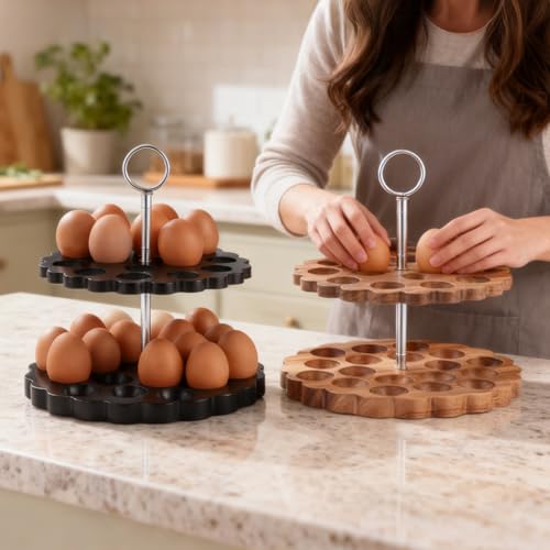Acacia Wooden Double Layer Egg Holder for 32 Fresh Eggs, Modern Countertop Egg Storage Rack, Fits Chicken, Duck, Turkey Eggs - color: black