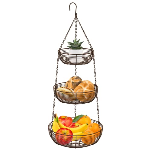 CAXXA 3-Tier Hanging Basket Fruit Organizer Kitchen Heavy Duty Wire Organizer with 2 Free Bonus Metal Ceiling Hooks(Bronze) - color: Bronze