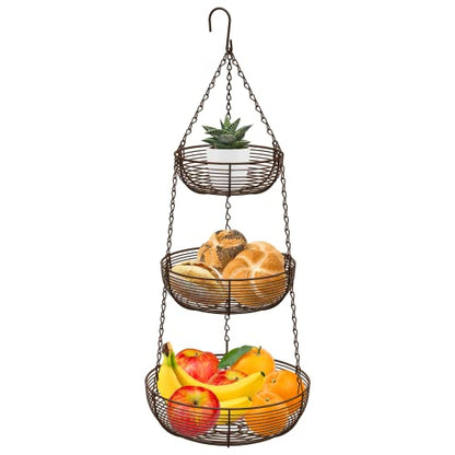 CAXXA 3-Tier Hanging Basket Fruit Organizer Kitchen Heavy Duty Wire Organizer with 2 Free Bonus Metal Ceiling Hooks(Bronze) - color: Bronze