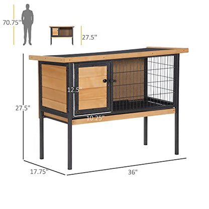 PawHut Rabbit Hutch Elevated Bunny Cage Small Animal Habitat with Metal Frame, No Leak Tray, Metal Wire Pan, Openable Water-Resistant Asphalt Roof for Rabbits, Chickens, Ducks, Indoor/Outdoor Natural - color: Natural Wood