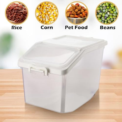 Sunnyray 4 Pcs Rice Storage Container 27.5 lb Airtight Flour Container with Wheels Measuring Cup White Pet Food Dog Cat Birds Food Bin Grain Cereal Organizer Box for Dry Baking Supplies - size: 9.45 x 12.2 x 10.24 Inch