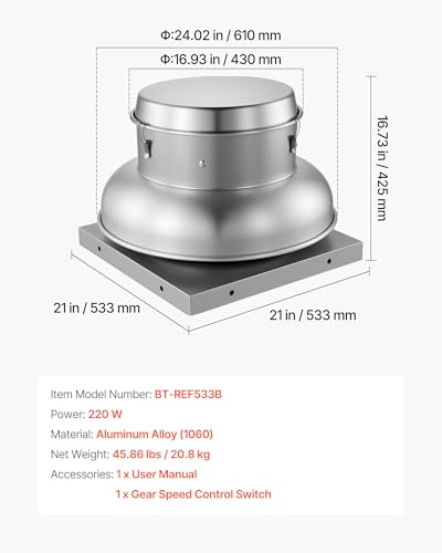 VEVOR Roof Exhaust Fan, 900CFM & 1500CFM Adjustable Speed Control Attic Vent Fan with High-Power Motor, 21inch Fan Base Heavy-Duty Aluminum Alloy, Compact for Garage,Kitchen,Bathroom,Silver - size: 900CFM & 1500CFM