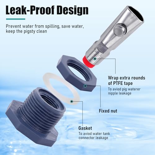 6 PCS Pig Waterer Nipple Stainless Steel Hog Nipple Waterer Kit | with Plastics Water Tank Connector Hole Opener, Poultry Watering Systems, Pig Waterer Feeder for Hog Piglets Livestock