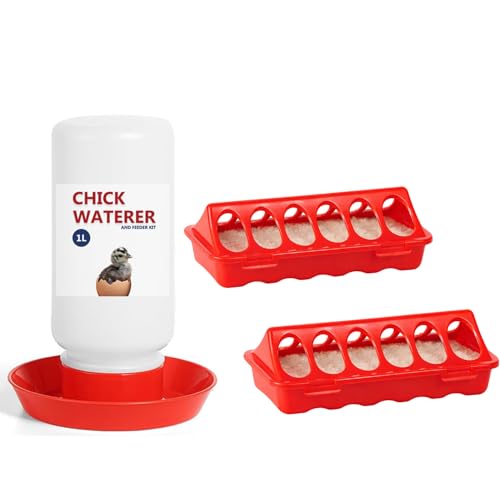 Chick Feeder and Waterer Set, 3 Pcs Baby Chicken Supplies with Chicks Feeder Trough and 1L Waterer, Chicken Starter Kit for Small Poultry Ducks Quail Coop