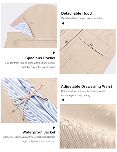 Bloggerlove Rain Jacket Women Lightweight Raincoat Waterproof Windbreaker Striped Climbing Outdoor Hooded Trench Coats S-XXL - color: Khaki, size: X-Large