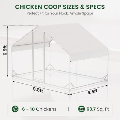 CHIKENCOOP 9.8x6.5x6.5ft Metal Chicken Coop, Hardware Cloth, Solar Light | One-room walk-in chicken run with galvanized hardware cloth, full-top waterproof UV-resistant cover, and 3-mode solar light - size: 118.0"L x 80.0"W x 80.0"H