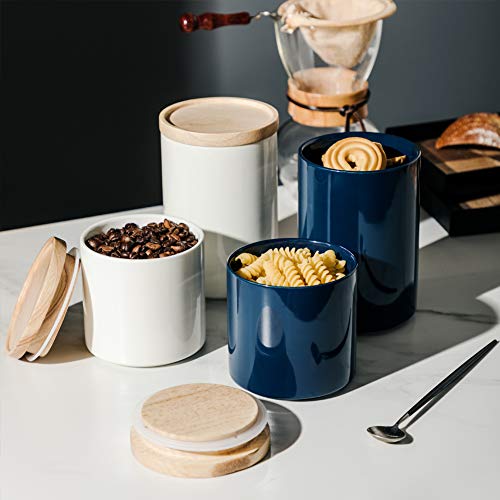 Sweejar Kitchen Canisters Ceramic Food Storage Jar, Stackable Containers with Airtight Seal Wooden Lid for Serving Ground Coffee, Tea, Sugar, Salt and More - 16 Fl Oz (Navy New) - color: Navy, style: 16 Fl Oz (4.1"x4.4")