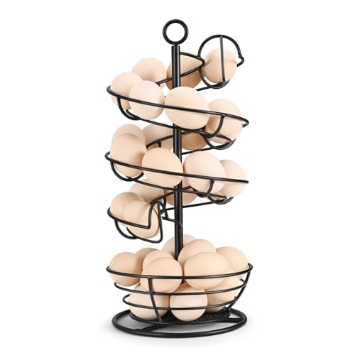 Flexzion Metal Egg Skelter Countertop Egg Holder - Sturdy Black Spiral Egg Holder with Bottom Basket and 360-Degree Rotatable Middle Pole Up to 36-Egg Capacity, Egg Storage Rack Solution - color: Black, size: Large Skelter