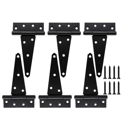 HOME MASTER HARDWARE 6 Inch T-Strap Heavy Duty Shed Door Hinges, Black Tee Hinge for Wooden Fences,Yard Door, Barn Door Gates, Rustproof Wrought Iron with Screws, 6 Pack - size: 6 in-6 Pack