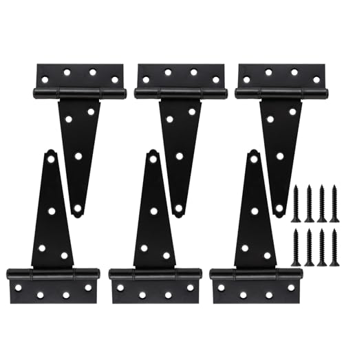 HOME MASTER HARDWARE 6 Inch T-Strap Heavy Duty Shed Door Hinges, Black Tee Hinge for Wooden Fences,Yard Door, Barn Door Gates, Rustproof Wrought Iron with Screws, 6 Pack - size: 6 in-6 Pack
