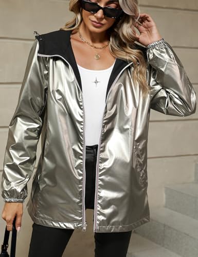 Bellivera Women's Lightweight Coat Windbreaker Zip Up Long Sleeve Jacket Outdoor Raincoat with Hood - color: Silver Windbreaker, size: X-Large
