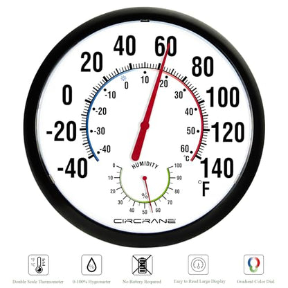Circrane 13.25 Inch Round Thermometer with Hygrometer, Large Indoor Wall Patio Bimetal Weather Thermometer, No Battery Required, Black - color: Black
