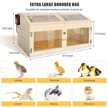 Intelligent Chicken Brooder Box for Chick with Digital Thermostat, 32" Wide Large Wooden Chick Brooder Box with Heating Lamps, Sliding Drawers & Door Handle for Hamster Chicks Duck Indoor Outdoor