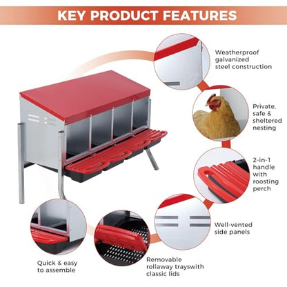 Garvee Nesting Boxes for Chickens - 4 Compartment Metal Stainless Steel Chicken Nesting Boxes with Pull-Out Trays,Hen Roosting & Laying Eggs,Roll Away Design,Easy to Install and Easy to Clean - color: Red, size: 4 Holes with legs