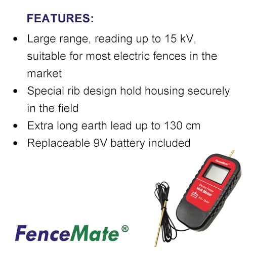 FenceMate Digital Volt Meter for Electric Fence, Range up to 15,000 V | Fence Voltage Tester with Large LCD Display, Automatic On/Off, Grounding & 9V Battery Included