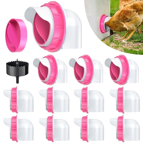 Chicken Feeder Port, 12 Pack Chicken Feeders No Waste with 12 Lids 1 Drill Bit, DIY Automatic Poultry Feeder Cups Kit, Chicken Bucket Feeder for Barrels (Pink) - color: Pink, size: 12 pack