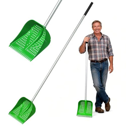 11.8inch Heavy Large 2-in-1 Chicken Poop Scooper & Rake,Adjustable Aluminum Handle（20–61"） Chicken Coop Scoop– Litter Scoop Sand & Sifting Shovel for Chicken Coops Shoveling Snow(Green) - color: Green