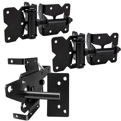 Self Locking Gate Latch and Gate Hinges Set Heavy Duty Hardware Hinges for Vinyl and Wood Fence with Installation Screws and Swing Adjuster Tool Heavy Duty 1 Gate Latch 2 Gate Hinge