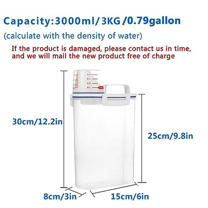 2 Pcs 5.5 LB Rice Storage Container, Airtight Cereal Flour Dispenser with Pouring Spout & Measuring Cup, Kitchen Plastic Clear Dry Food Storage Bin for Grain Oatmeal Snacks Pet Dog Food | Airtight Lid, with Pouring Spout & Measuring Cup, Storage Dry Food