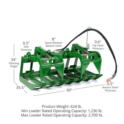 Titan Attachments 60" Standard Series Root Grapple Bucket Fits John Deere Hook and Pin, Dual Cylinder Hydraulic Design for Medium-Duty Jobs Like Clearing Brush, Branches, and Roots