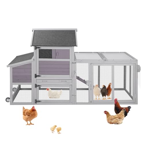 Aivituvin Mobile Chicken Coop with Wheels, Large Wooden Chicken House with Waterproof Asphalt Roof, Nesting Box & Removable Tray, Spacious Chicken Run, Outdoor Poultry Cage for 3–4 Chickens - color: Grey, size: 81.1"L x 29.1"W x 46.6"H