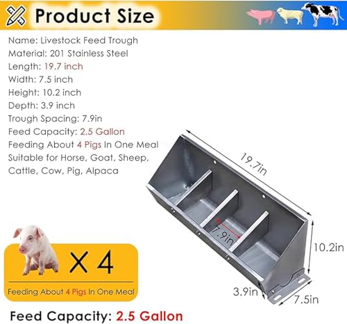 Fengfei Heavy Duty Stainless Steel Hanging Livestock Feed Trough, Sloped Opening for Easy Feeding, Separated Fence Design for Pig Sheep Cattle,20 inch Long with 4 Bit | Sloped Opening for Easy Feeding, Separated Fence Design, For Pig Sheep Cattle - size: