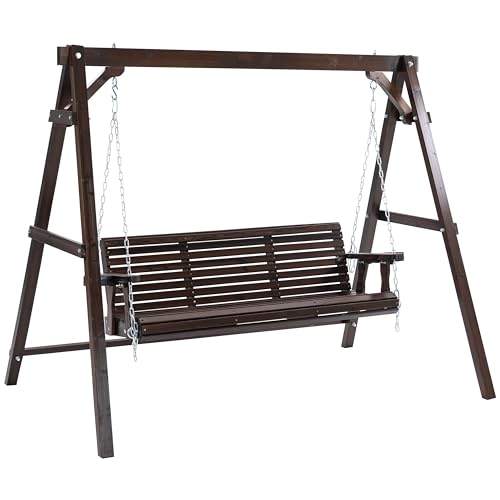 Finnhomy Heavy Duty 880 LBS Wooden Porch Swing Frame, Wooden Patio Swing Chair Bench with Hanging Chains,Upgraded A-Frame Porch Swing Bench Stand for Yard Patio Garden(Rustic,Swing+Frame) - color: Rustic, size: Swing + Frame