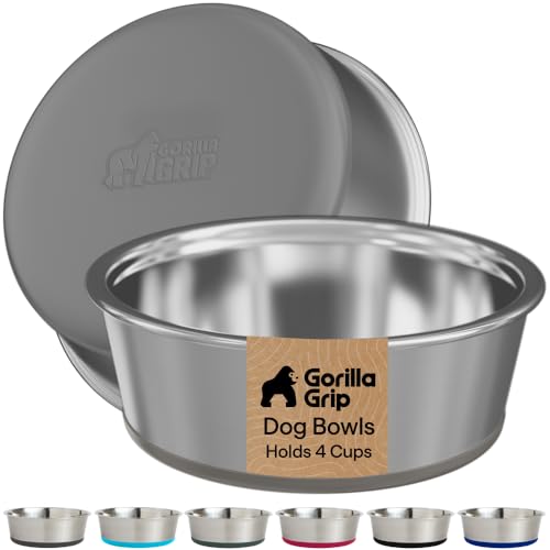 GORILLA GRIP Dog Bowls, Food Grade 304 Stainless Steel, Holds 4 Cups Each (32 fl oz) Food and Water Bowl for Feeding Dogs and Cats, Dishwasher Safe, Rust Resistant, BPA Free Rubber Base Set of 2 Gray - color: Gray, size: 4 Cup (32 Oz)