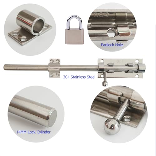 Barrel Bolt Latch Heavy Duty, 304 Stainless Steel Gate Latch Slide Lock with Padlock Hole, 14mm Dia. Rod Security Sliding Bolt Gate Latch for Wooden Gates- 12 Inch, Silver - size: 12 Inch - Silver